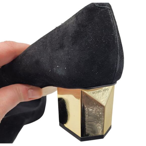 Michael Michael Kors NIB Suede Petra Pumps Black Gold Block Heel Slip On Size 7M - Picture 13 of 14
